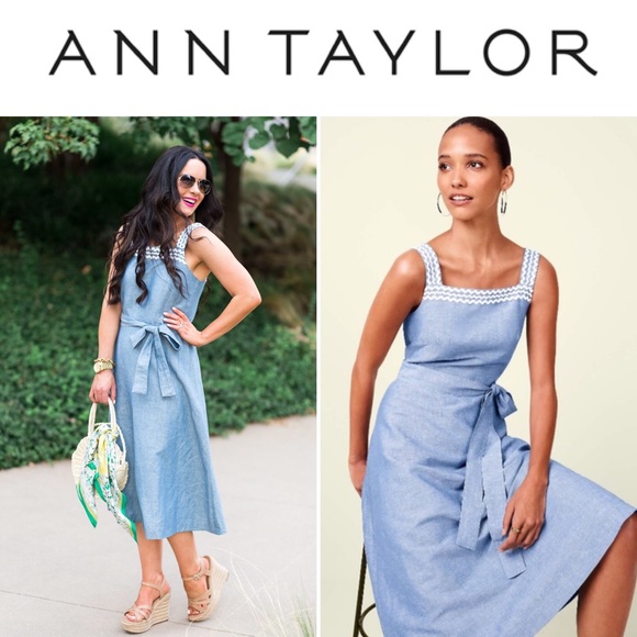 🆕👗 Wavy Trim Chambray Midi Dress ANN TAYLOR - Picture 2 of 12